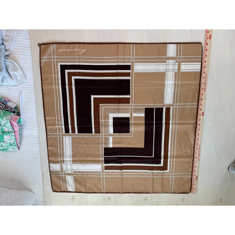 Leonardi Geometric Vintage Scarf 30''x30'' Fall 100% Silk Hand Rolled Edges